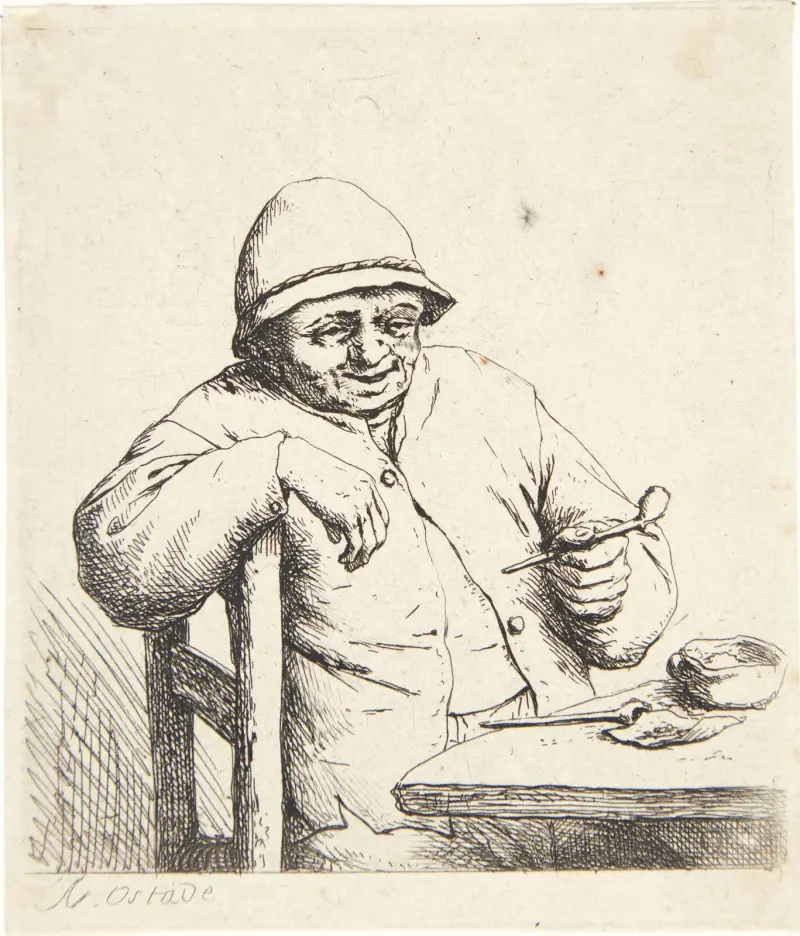 Bonde som sitter vid ett bord med en pipa i handen av Adriaen van Ostade