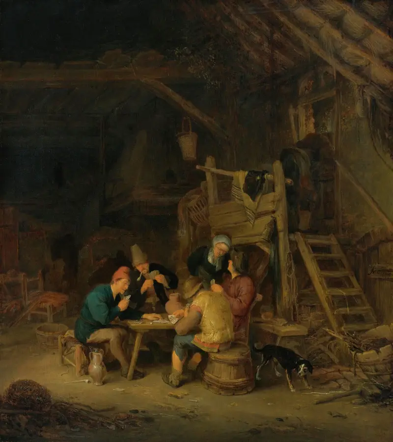 Vier Kartenspieler in einem rustikalen Interieur von Adriaen van Ostade