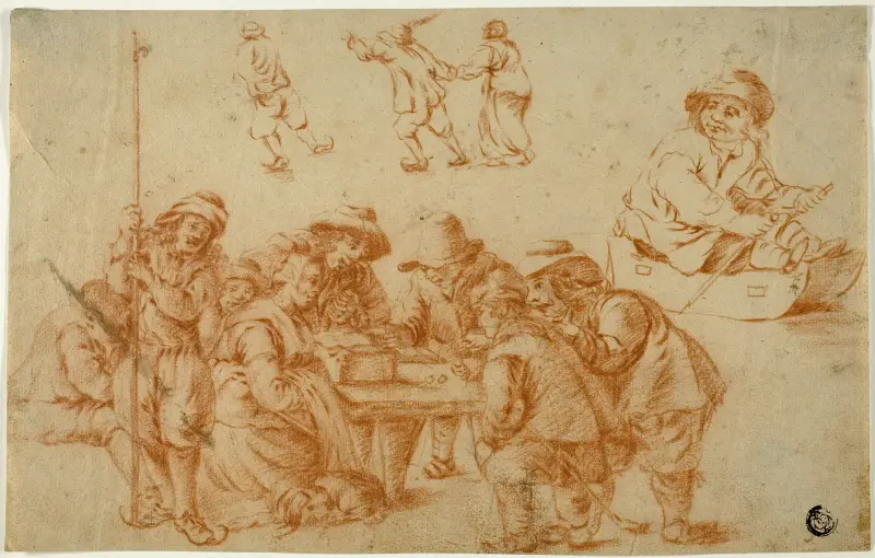 Skizzen von Bauern beim Würfelspiel und beim Schlittschuhlaufen; Skizze eines Jungen auf dem Schlitten von Adriaen van Ostade