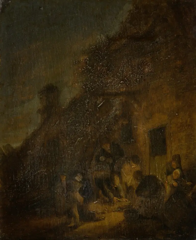 Zabíjení prasete při pochodňovém světle, Adriaen van Ostade