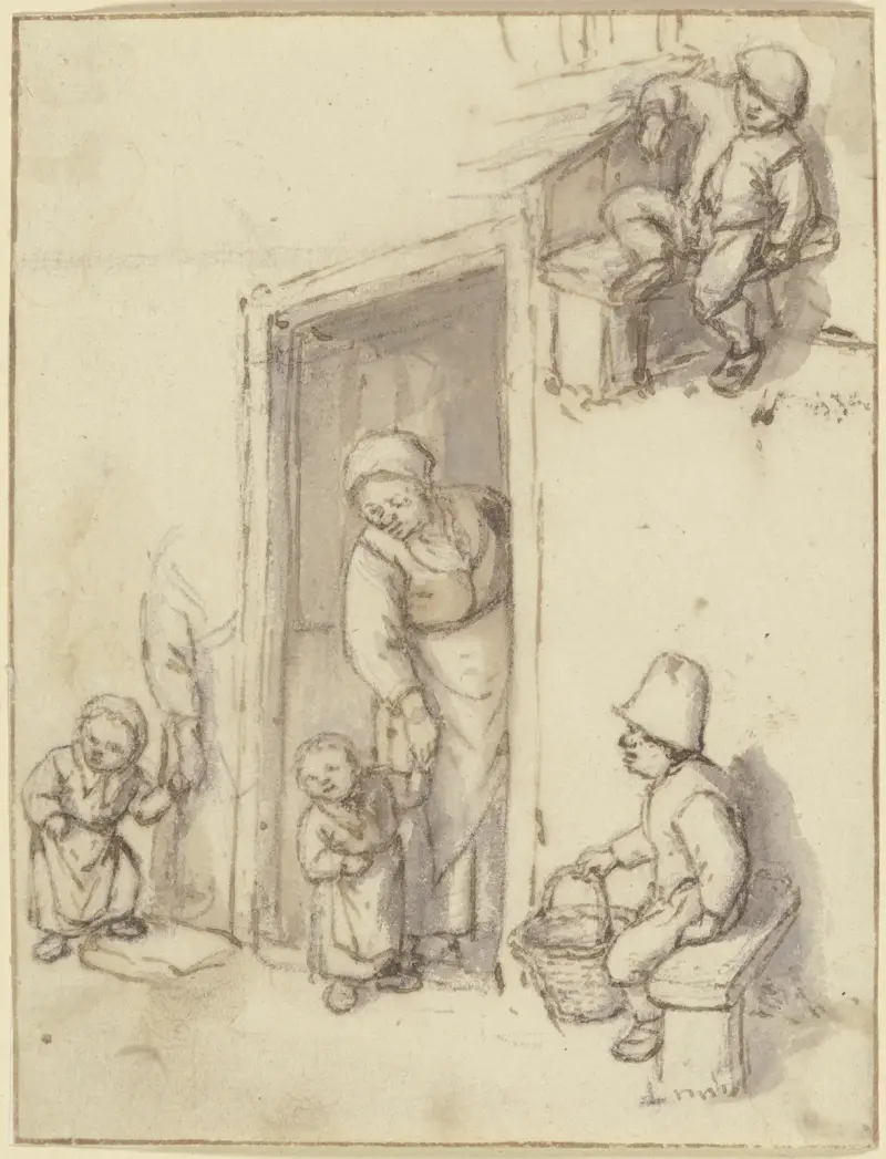 Studienblatt; Eine Mutter und ihre Tochter in der Haustür, ein Mädchen an der Hand der Mutter, und zwei sitzende Jungen av Adriaen van Ostade