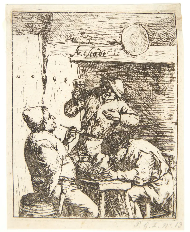Tre bönder som röker och dricker på en krog av Adriaen van Ostade