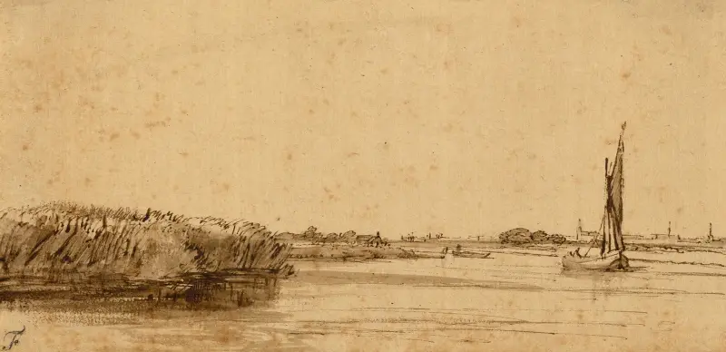 A Sailing Boat on a Wide Expanse of Water av Rembrandt van Rijn