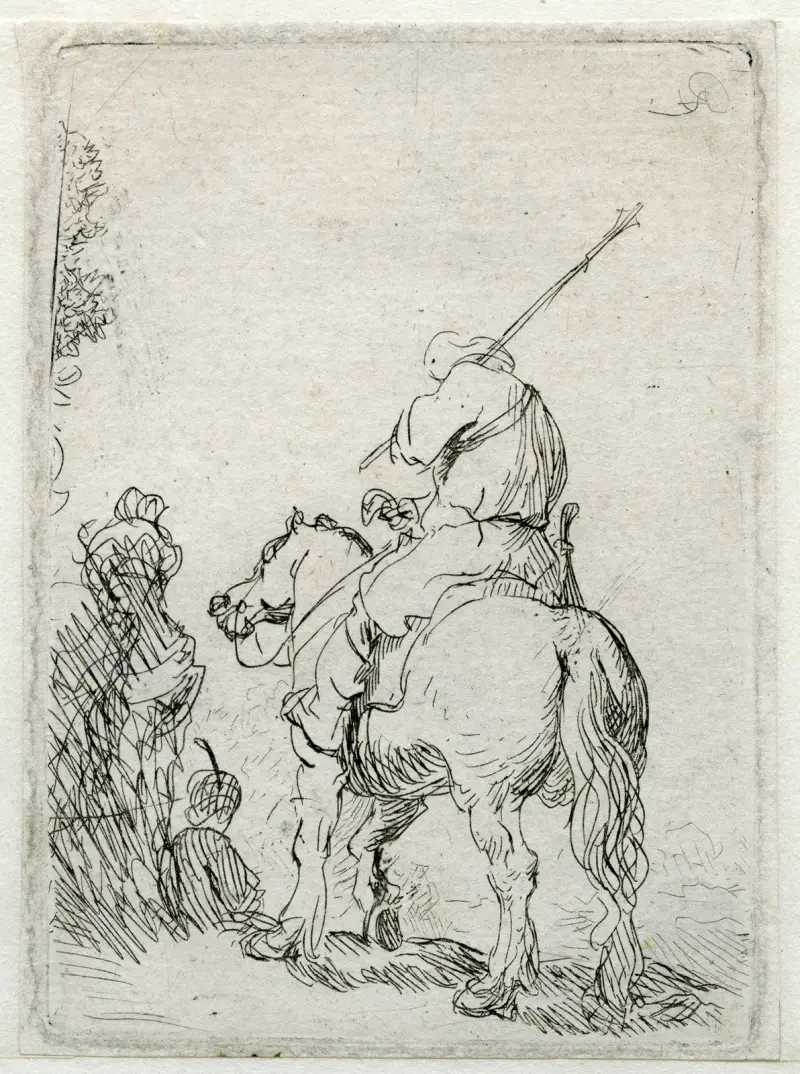 A Turbanded Soldier on Horseback av Rembrandt van Rijn