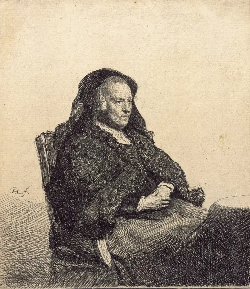 Starsza kobieta (matka Rembrandta, siedząca przy stole), Rembrandt van Rijn