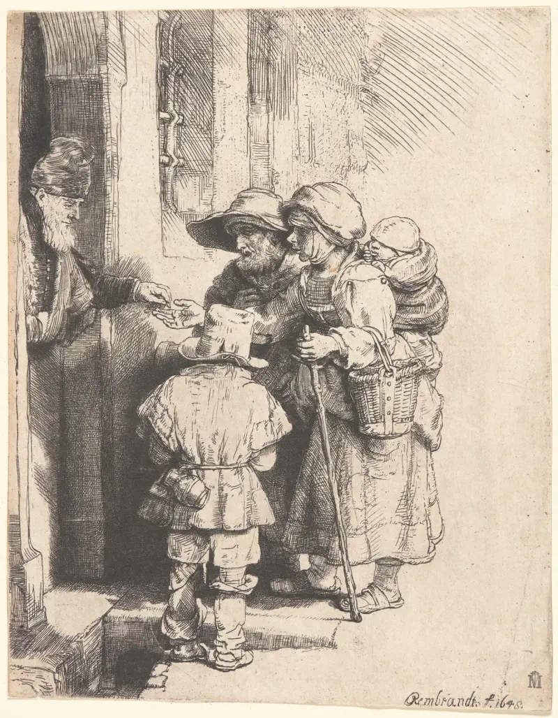 Beggars Receiving Alms at the Door of a House av Rembrandt van Rijn