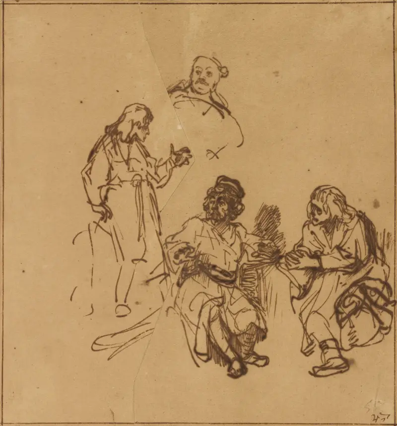 Josef i fängelset tyder faraos bagares och munskänks drömmar av Rembrandt van Rijn