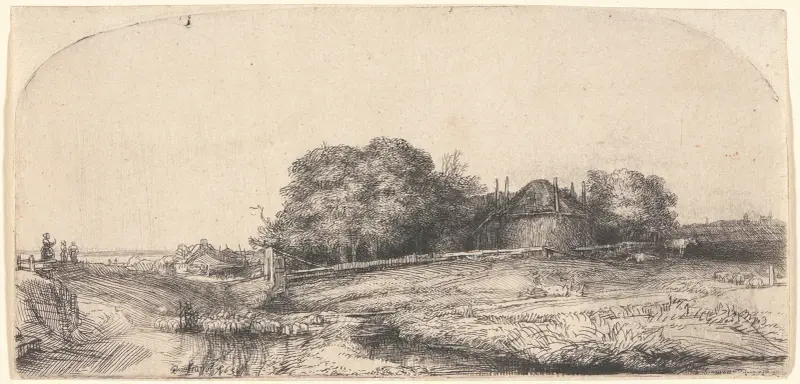 Landscape with a Hay Barn and a Flock of Sheep av Rembrandt van Rijn