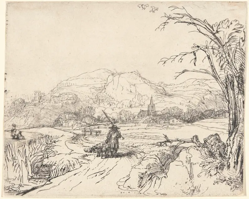Landscape with a Sportsman and Dog av Rembrandt van Rijn