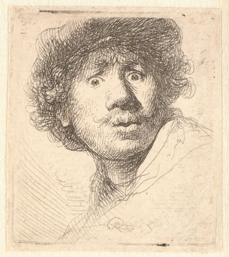 Rembrandt in a cap, open mouthed and staring; bust in outline av Rembrandt van Rijn