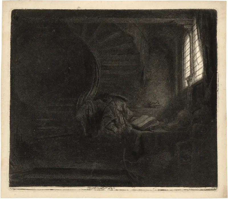 Saint Jerome in a dark Chamber av Rembrandt van Rijn