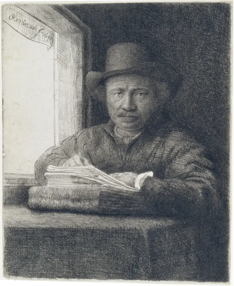 Selbstbildnis, Radierung an einem Fenster von Rembrandt van Rijn