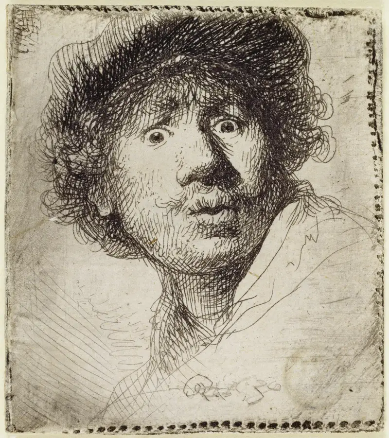 Self-Portrait in a cap, wide-eyed and open-mouthed, 1630 – nr 1 av Rembrandt van Rijn