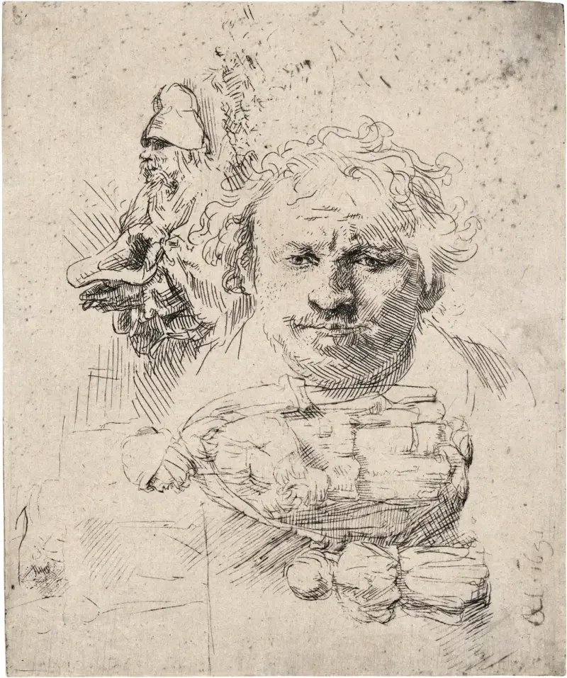 Sheet of Studies with the Head of the Artist, a Beggar Man, Woman and Child av Rembrandt van Rijn