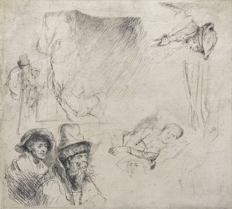 Studienblatt (mit einer kranken Frau im Bett) von Rembrandt van Rijn