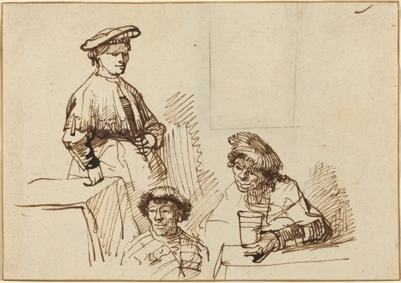 Sketches from a Tavern – Woman Standing and Two Men Seated av Rembrandt van Rijn
