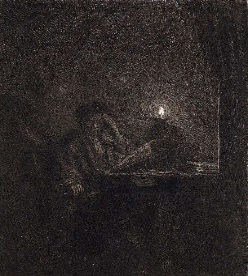 Student przy stole przy świecy, Rembrandt van Rijn