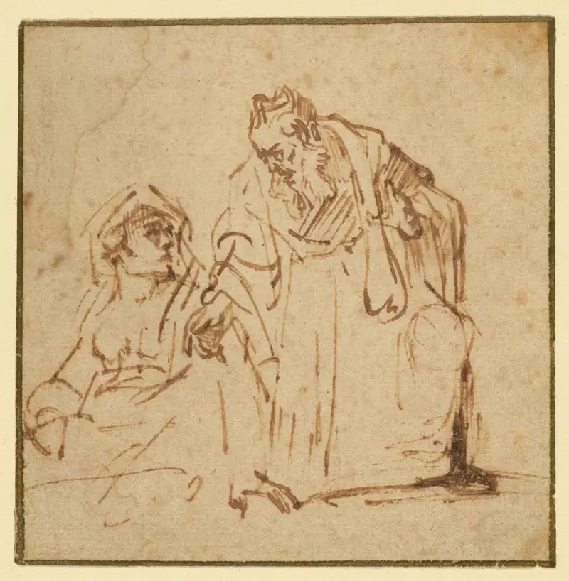 Study of a Man Talking to a Woman Seated on the Left av Rembrandt van Rijn
