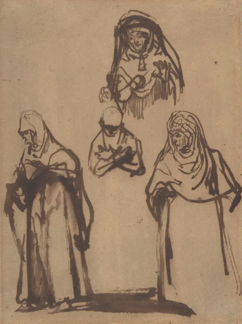 Study Sheet with Three Women and a Boy av Rembrandt van Rijn
