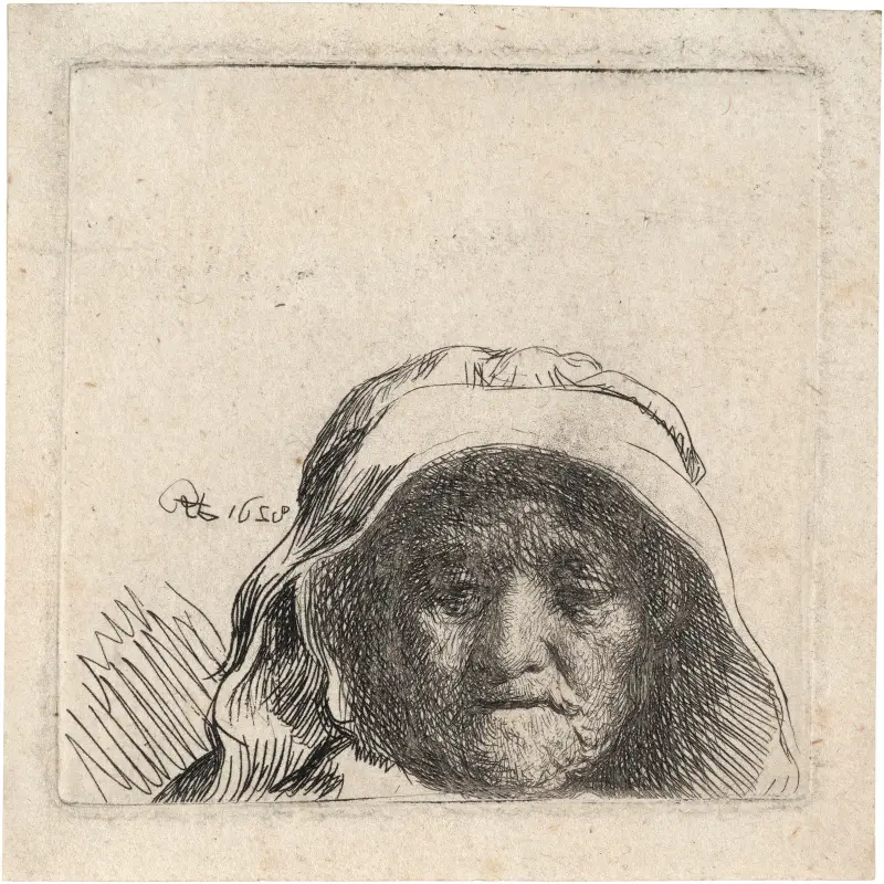 The Artist’s Mother: Head only, full Face av Rembrandt van Rijn