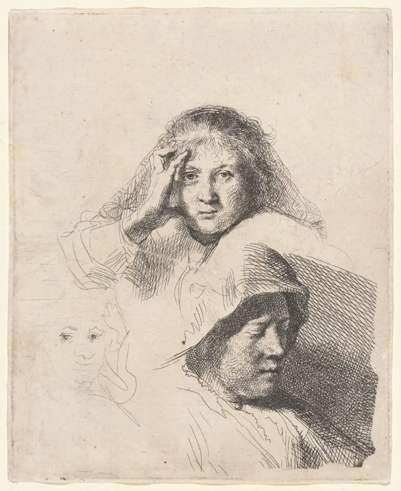 Three Heads of Women, One Lightly Etched av Rembrandt van Rijn