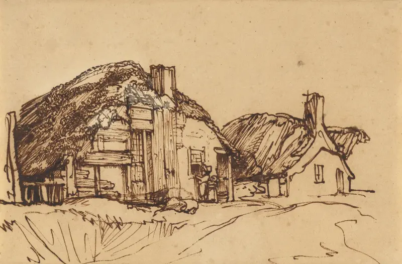 Two Thatched Cottages with Figures at a Window av Rembrandt van Rijn