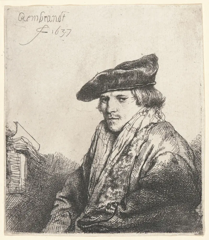 Young Man in Velvet Cap with Books beside Him av Rembrandt van Rijn