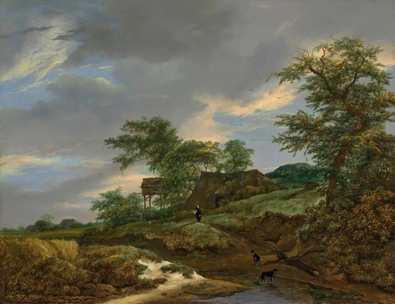 Waldlandschaft mit einem Mann und zwei Hunden auf einem Pfad, dahinter ein Landhaus von Jacob van Ruisdael