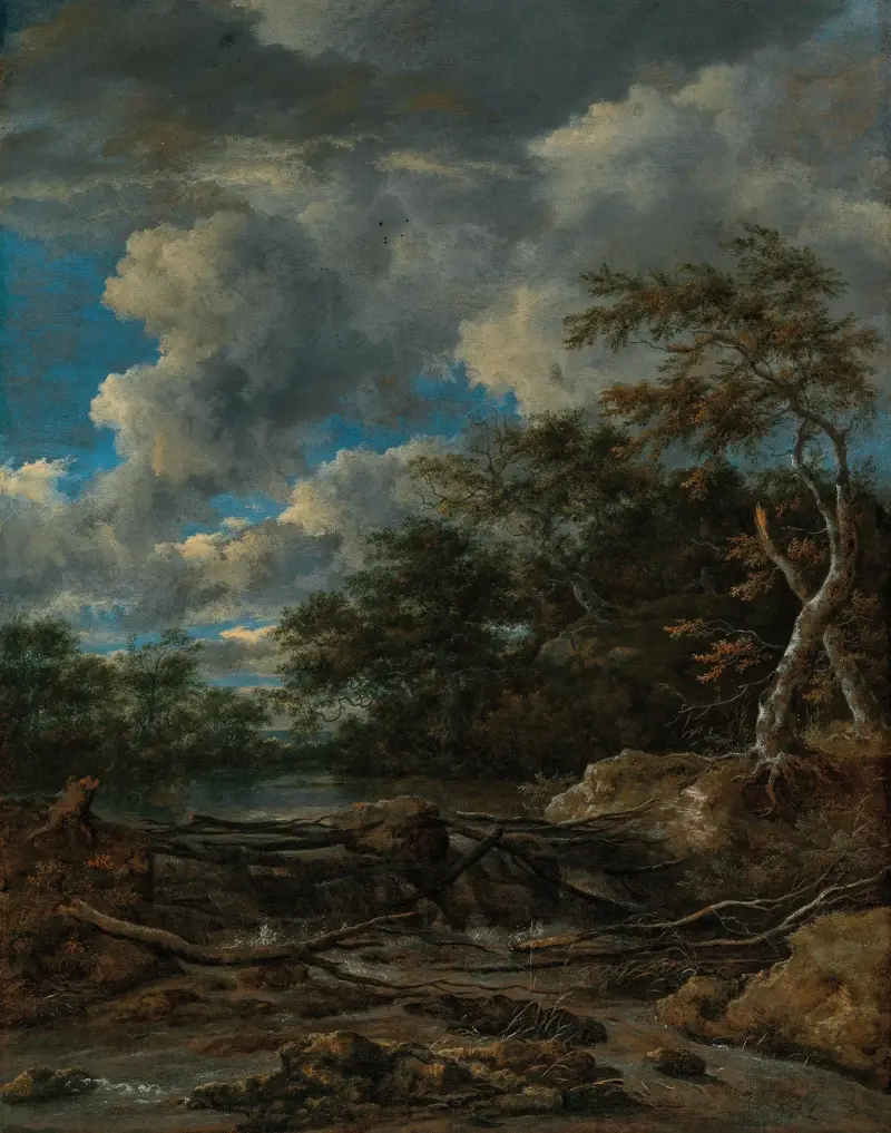 Skogslandskap med vattenfall av Jacob van Ruisdael