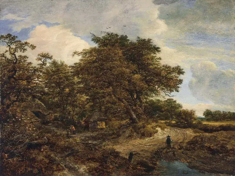 Skogslandskap med stugor, en figur och hundar på en jordväg av Jacob van Ruisdael