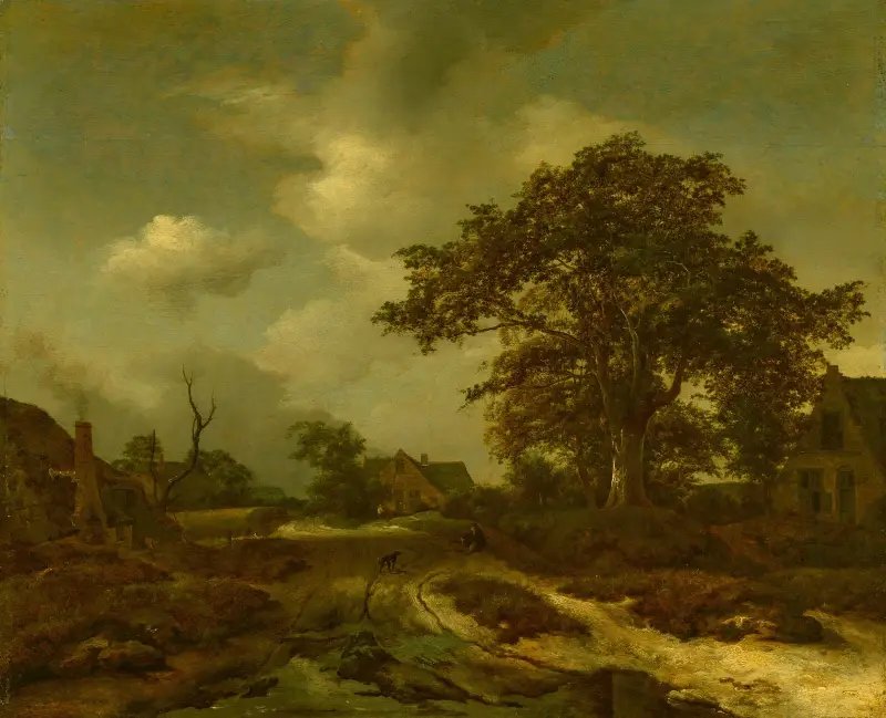 Skogslandskap med stugor, bybor och en hund i bakgrunden av Jacob van Ruisdael
