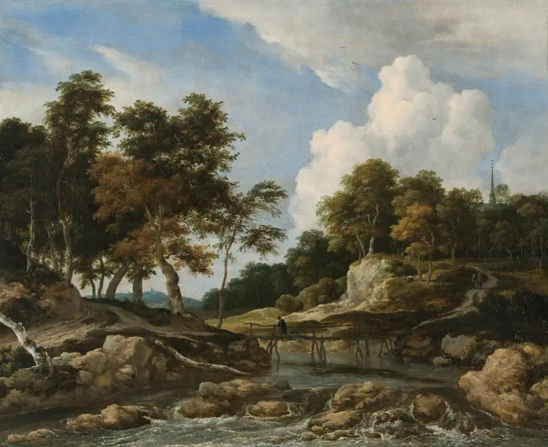 Skogslandskap med flod och bro, kyrka i bakgrunden av Jacob van Ruisdael