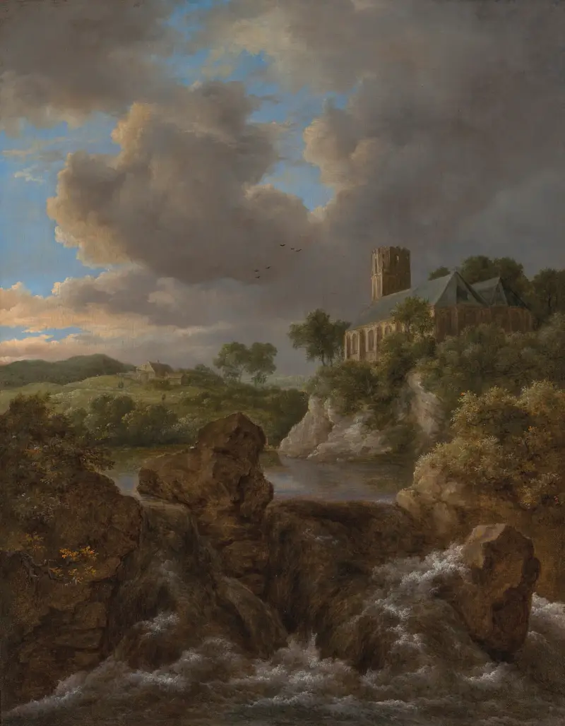 Skogslandskap med älv och vattenfall, kyrka och gård bortom av Jacob van Ruisdael