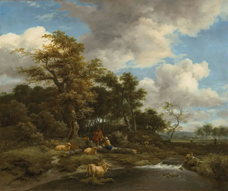 Skogslandskap med flod, herdar och deras hjord av Jacob van Ruisdael