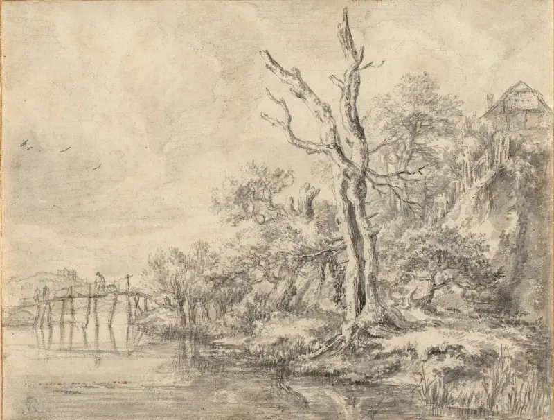 Dött träd vid en bäck nedanför en kulle av Jacob van Ruisdael