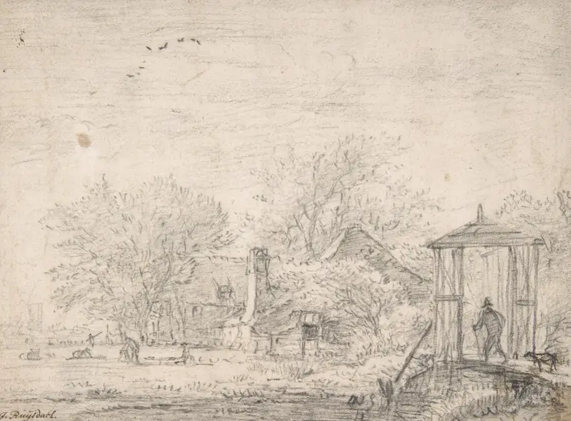 Hus bland träd, till höger man och hund på en gångbro av Jacob van Ruisdael