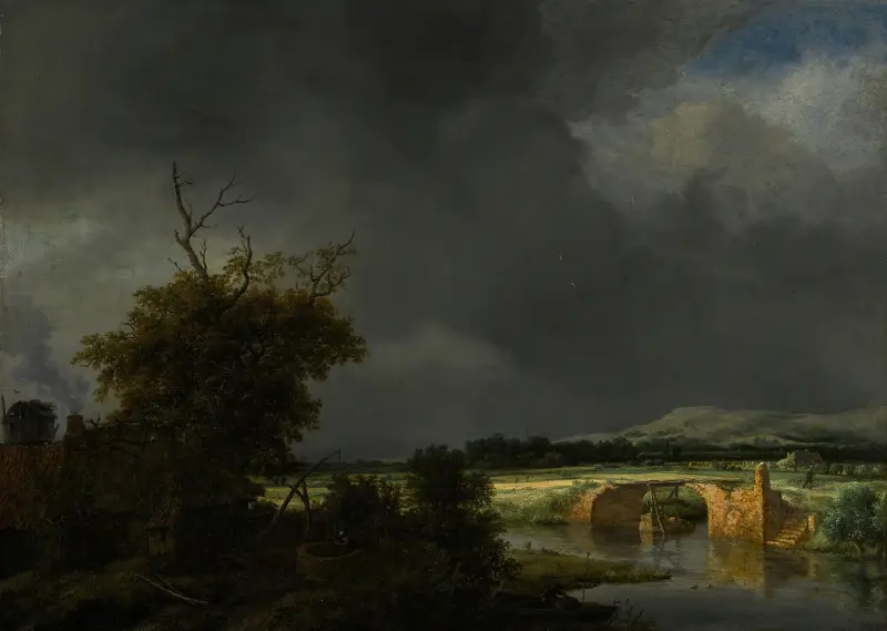 Landskap med stuga och stenbro under molnig himmel av Jacob van Ruisdael