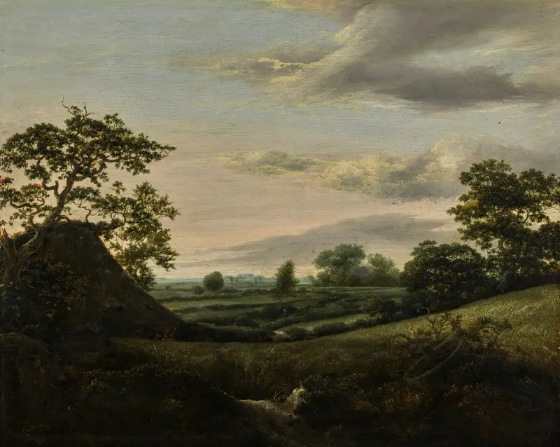 Landskap med sädesfält och ett halmtakslada av Jacob van Ruisdael