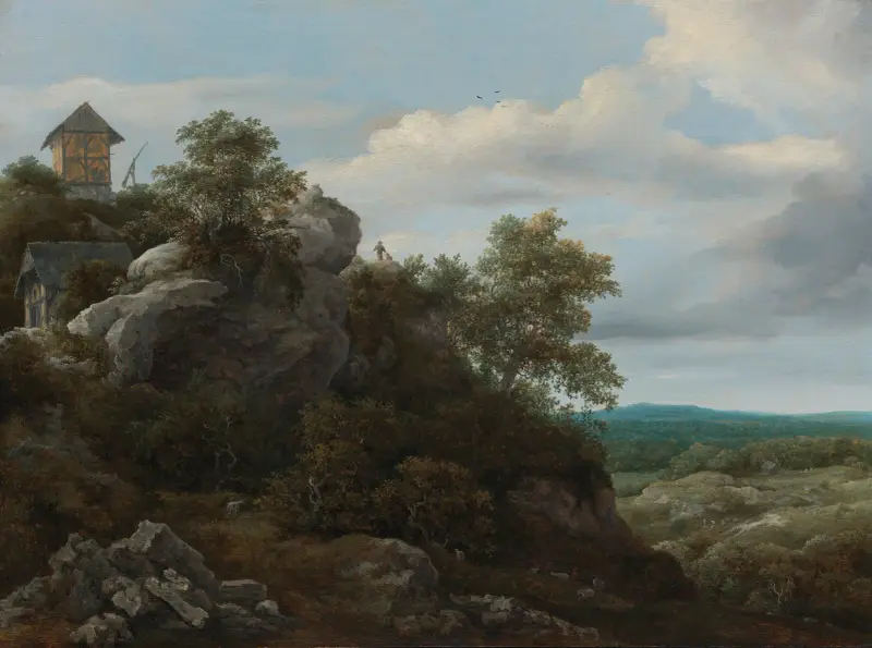 Landskap med hus på en klippig kulle och utsikt över en slätt av Jacob van Ruisdael