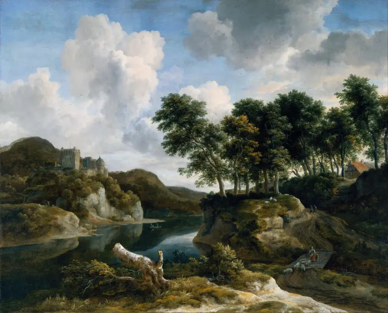 Flodlandskap med slott på hög klippa av Jacob van Ruisdael