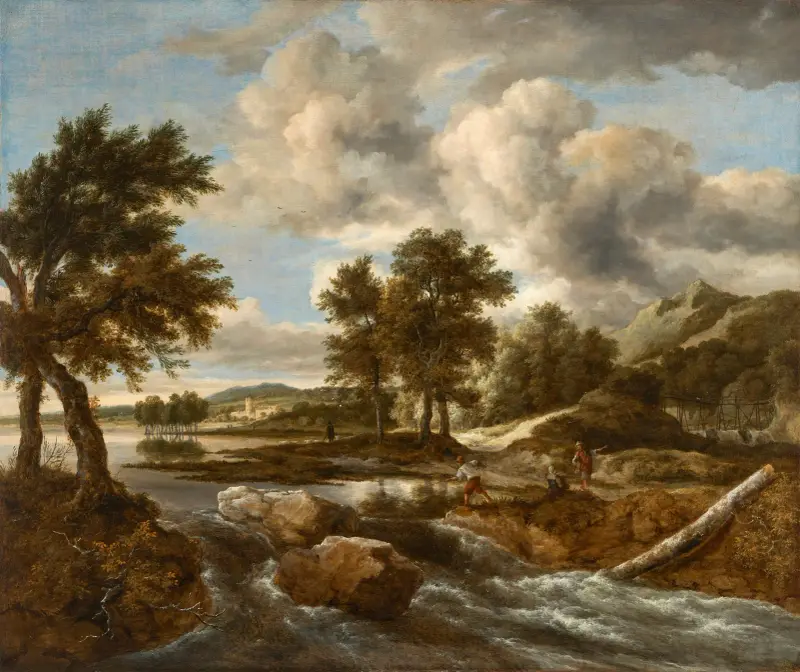 Flodlandskap med figurer på stranden av en fors, en herde bortom av Jacob van Ruisdael