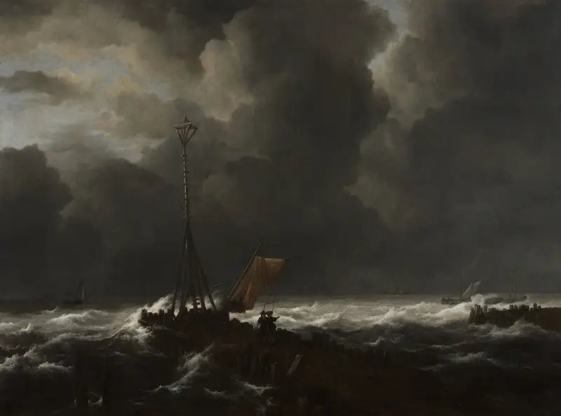 Wzburzone morze przy molo, Jacob van Ruisdael