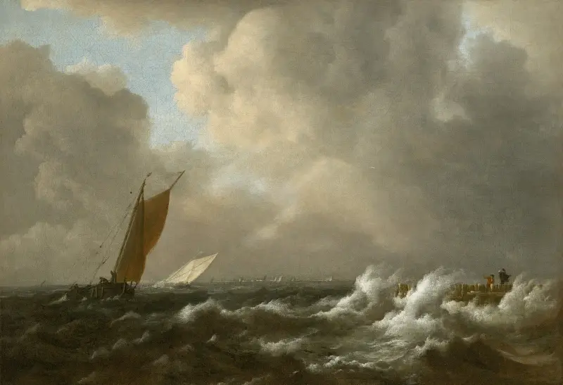 Segelfartyg i stormigt hav, med brygga till höger av Jacob van Ruisdael