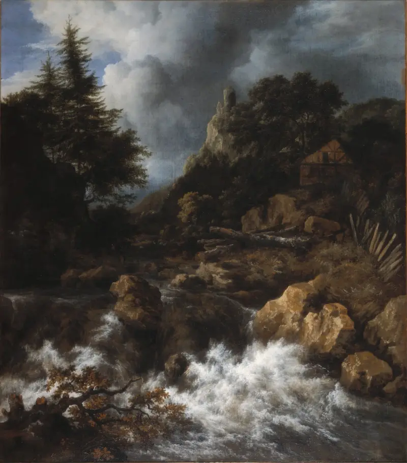 Vattenfall med korsvirkeshus och slott av Jacob van Ruisdael