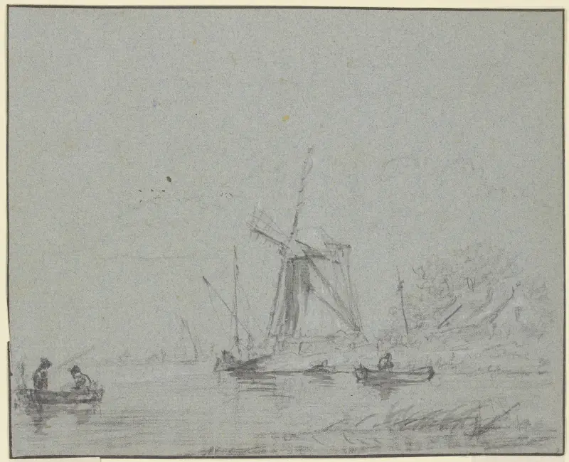 Windmühle am Wasser, vorne zwei Kähne av Jacob van Ruisdael