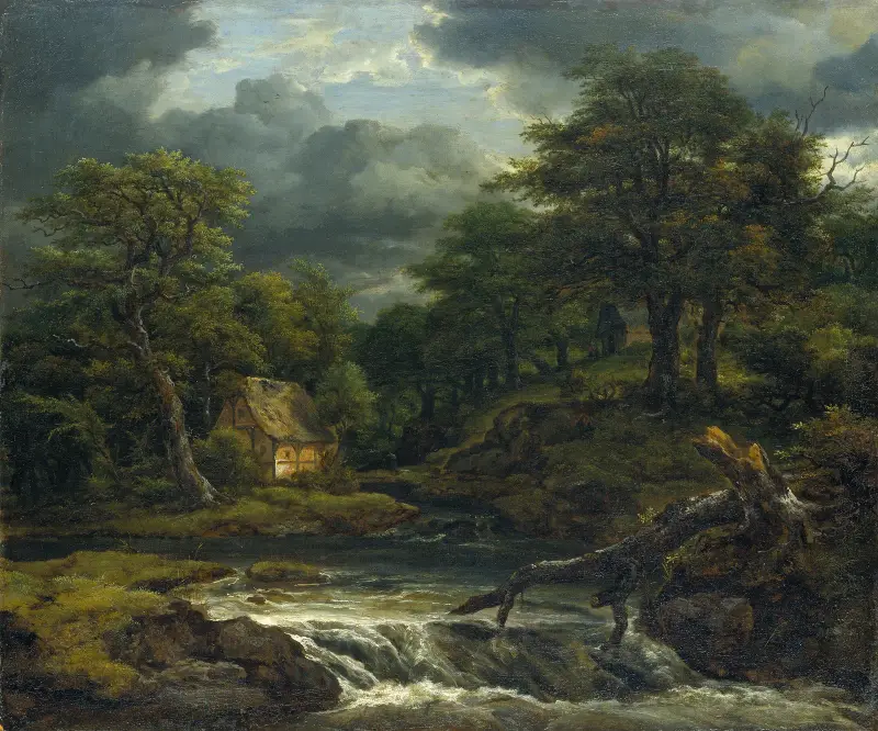 Skogslandskap med vattenfall och annalkande oväder av Jacob van Ruisdael