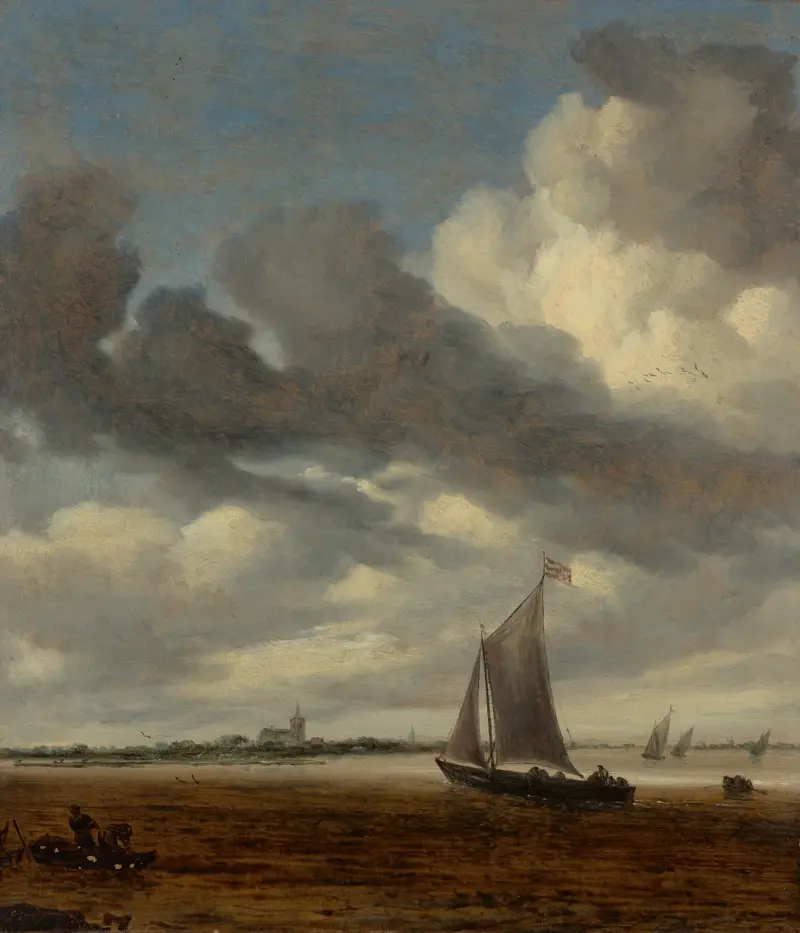 En smalschip i en flodmynning med två fiskare i förgrunden av Salomon van Ruysdael