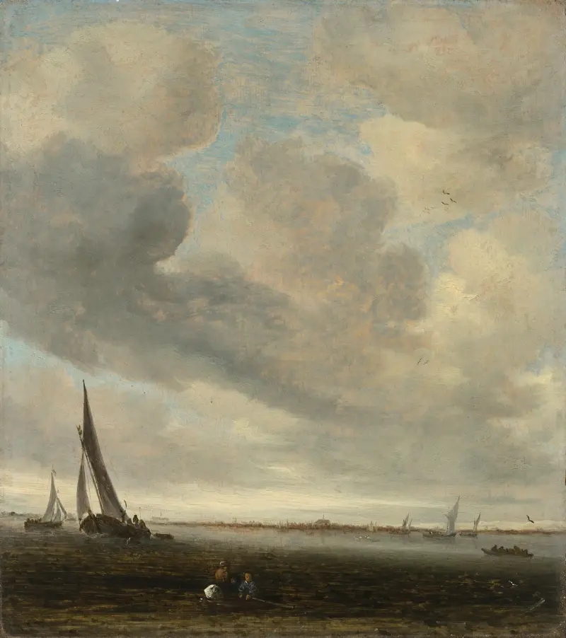 An estuary scene with a distant view of Haarlem av Salomon van Ruysdael