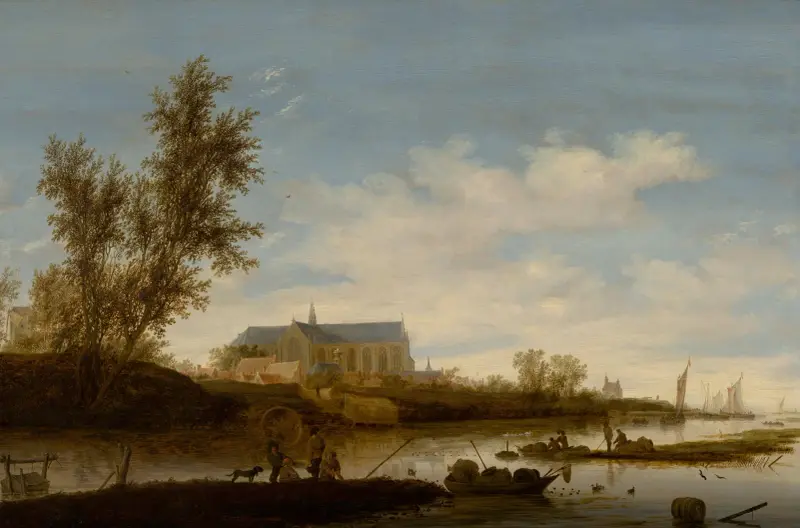River landscape with fishermen in the foreground, the Laurenskerk in Alkmaar beyond av Salomon van Ruysdael