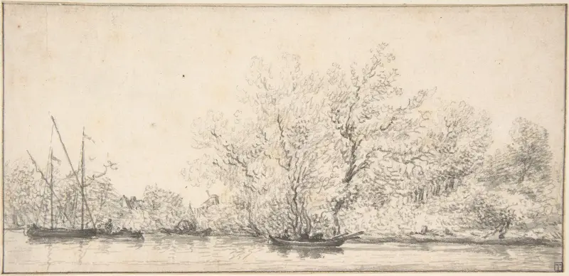 Flusslandschaft mit Booten vor einem dicht bewaldeten Ufer von Salomon van Ruysdael